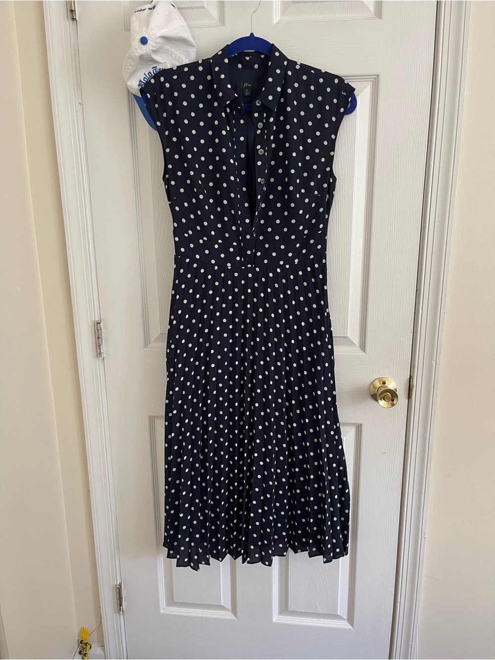 J. Crew Navy and White Polka Dot Cap-Sleeve Midi Dress